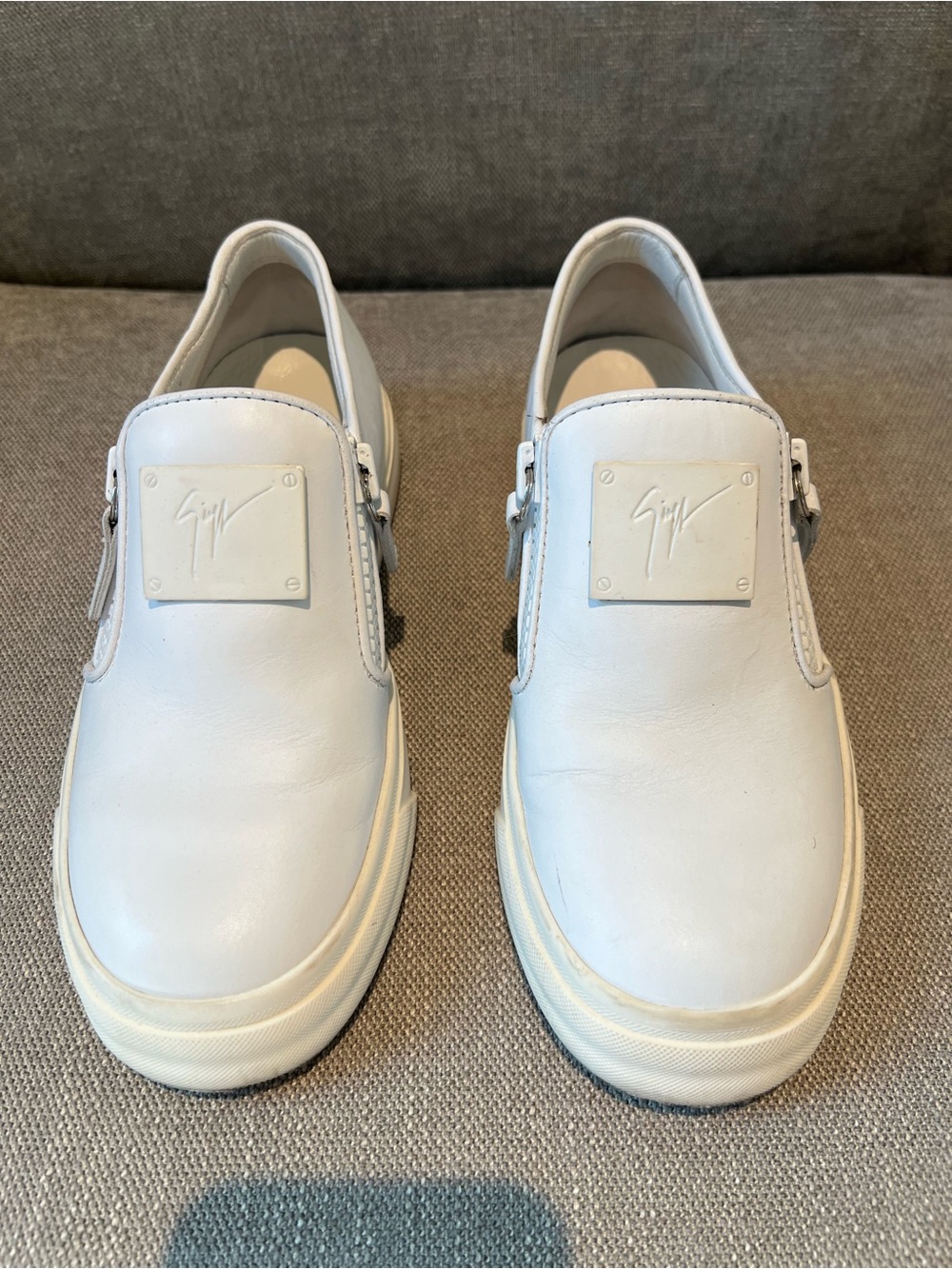Giuseppe Zanotti White Leather Slip-On Sneakers with Logo Plaque